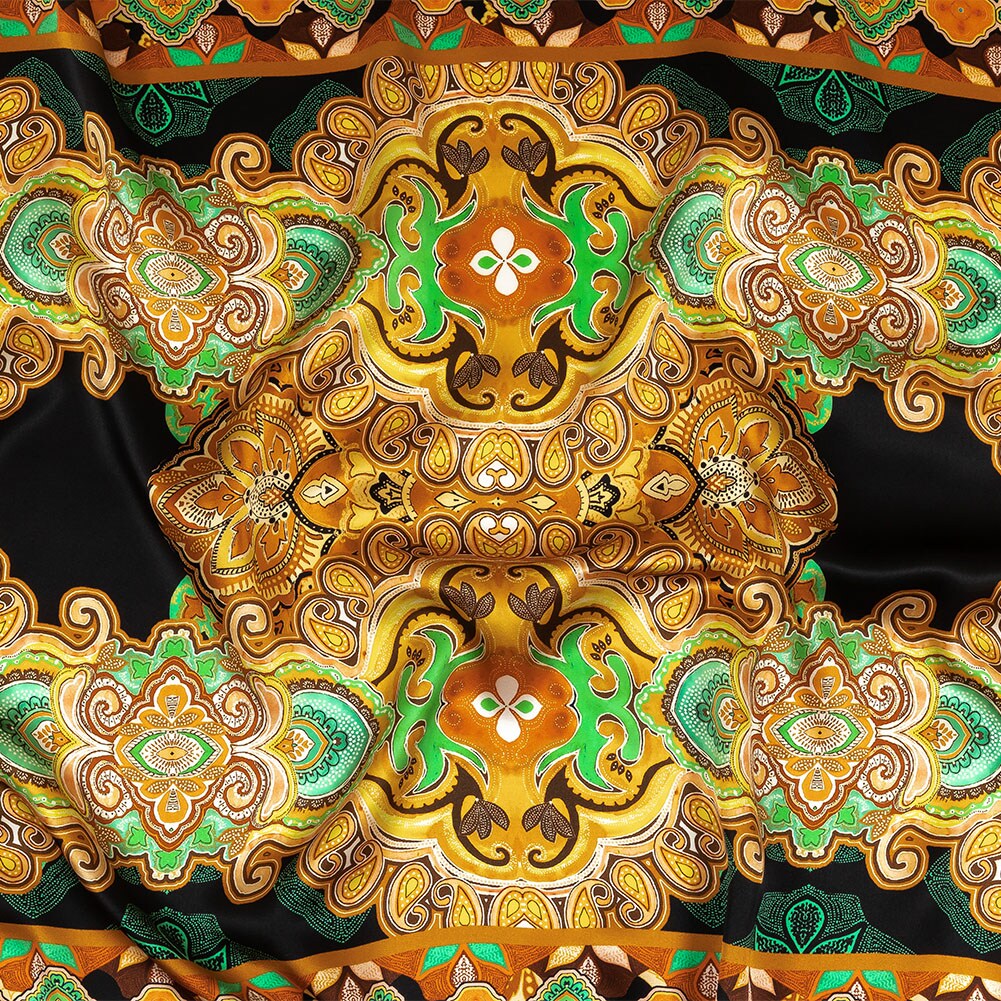 1 Yard Premium Italian Black Gold Green Geometric Floral Silk Charmeuse Fabric 53 inch Width