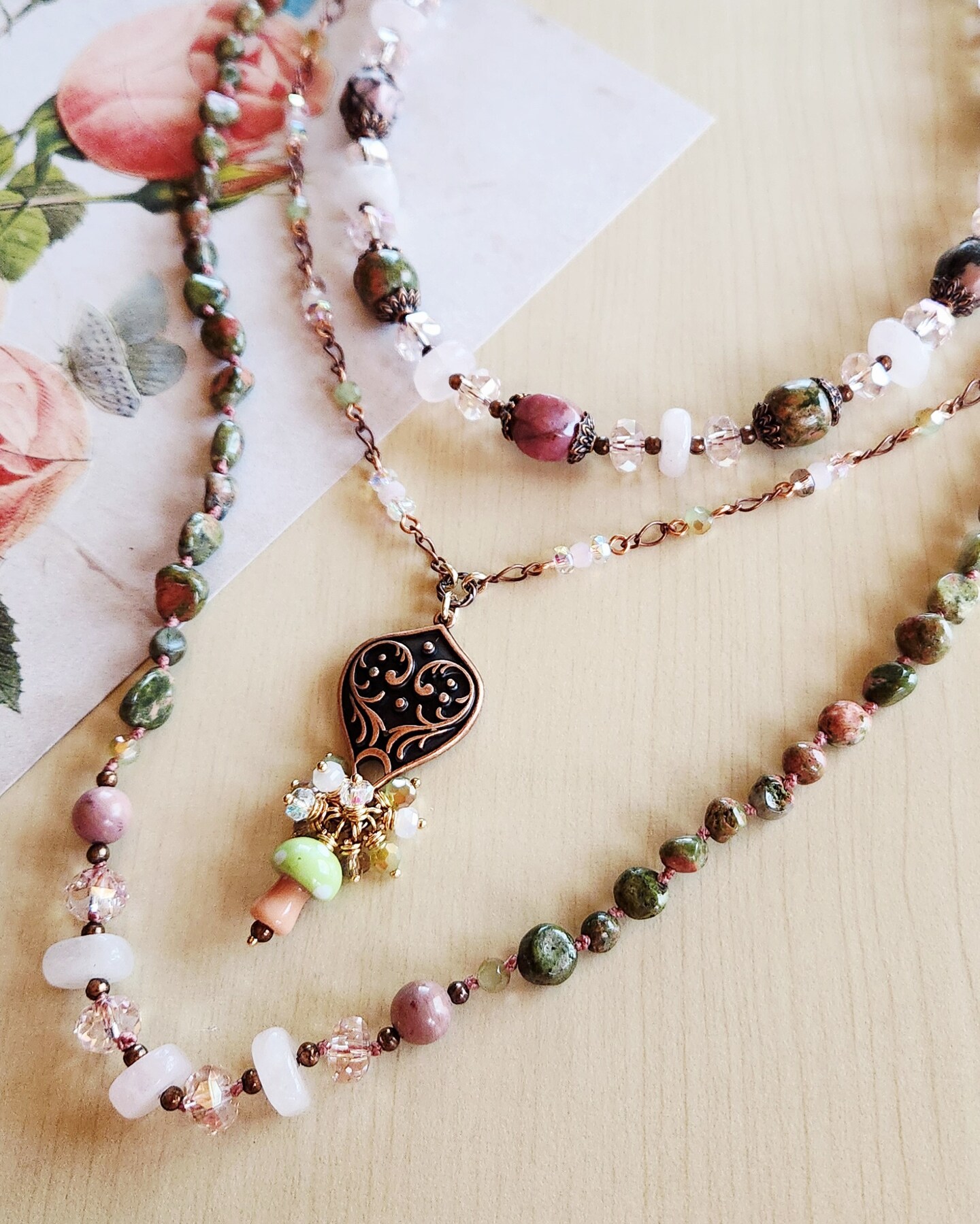 Handmade Unakite and Rose Quartz Knotted Necklace – Nature