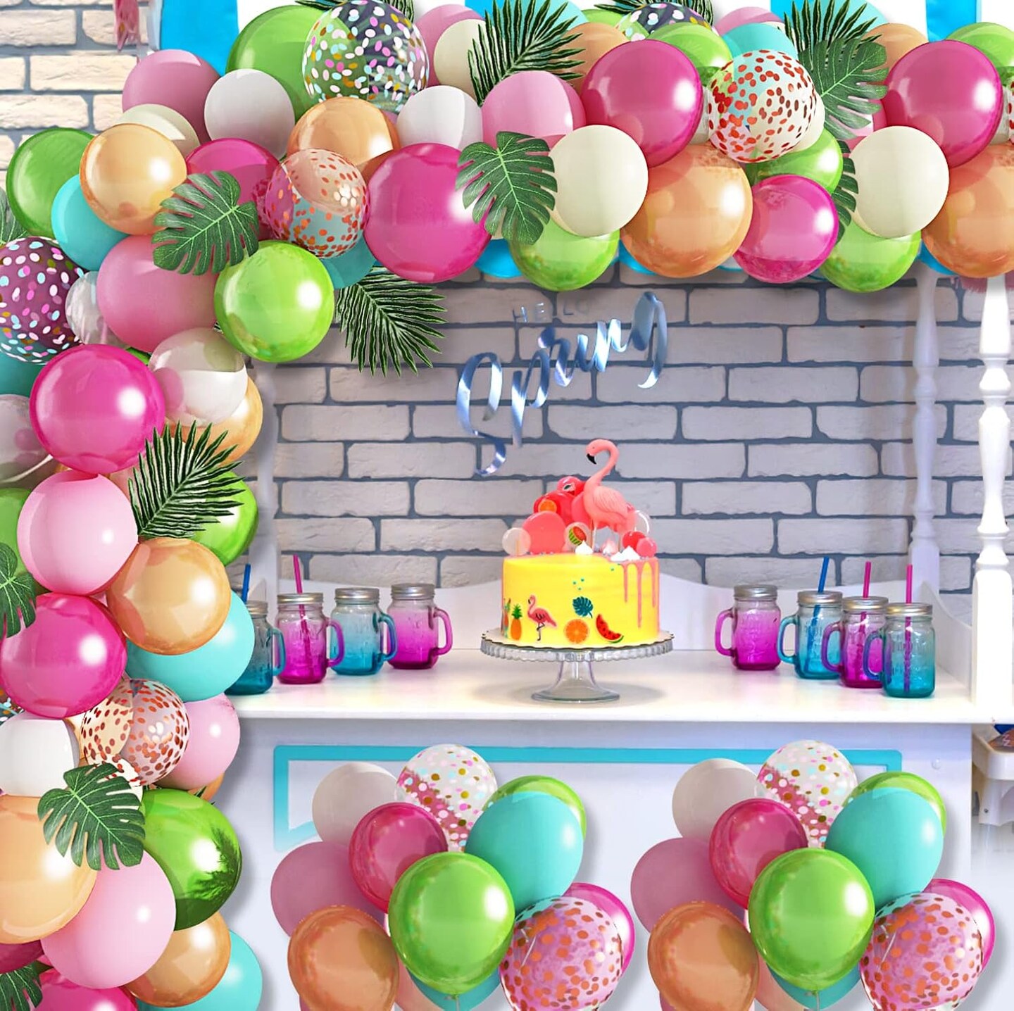124-Piece Tropical Balloon Arch Garland Kit – Green, Hot Pink, Rose Gold, Confetti Balloons with Palm Leaves for Hawaiian Luau, Flamingo Birthday, Baby Shower, and Wedding Decorations