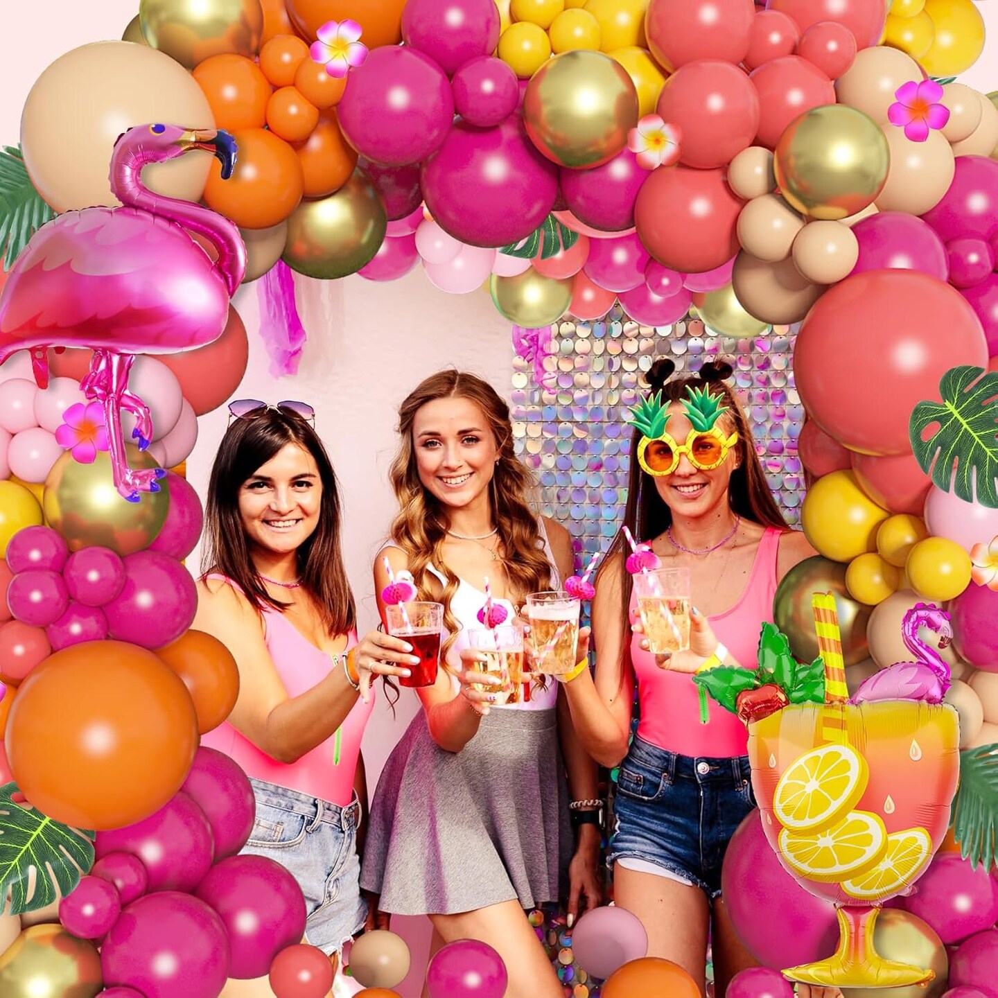 178Pcs Tropical Balloons Arch Garland Kit, Luau Tropical Party Decorations with Aloha Pineapple Coconut Hot Pink Aqua Blue Balloons &#x26; Palm Leaves for Hawaiian Summer Birthday Supplies