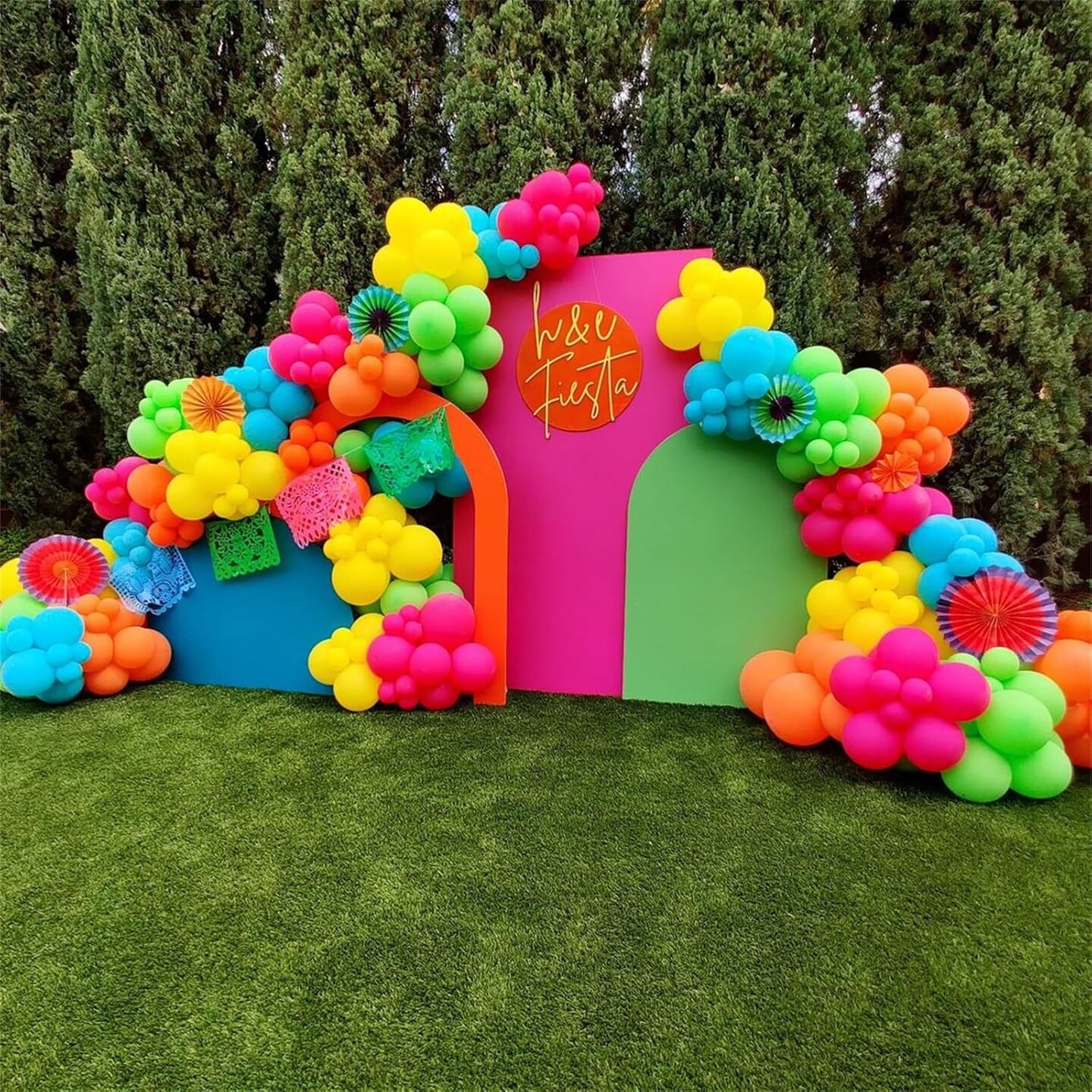 141-Piece Summer Tropical Balloon Arch Garland Kit – Hot Pink, Lime Green, Orange, Slate Blue, Yellow Latex Balloons for Hawaiian Luau, Birthday, Baby Shower, and Pool Party Decorations