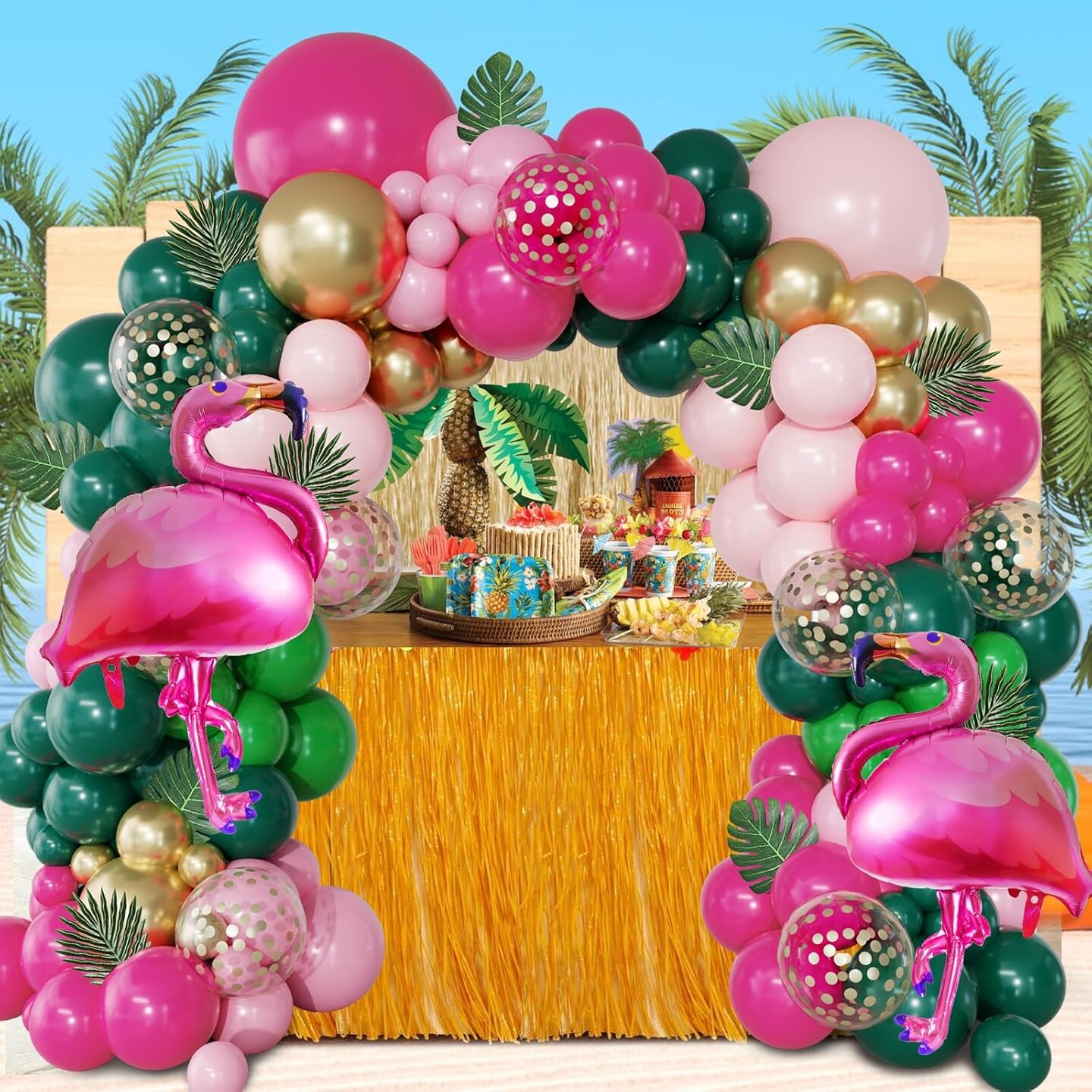 156Pcs Tropical Flamingo Balloon Arch Garland Kit, Hot Pink Dark Green Light Pink Gold Confetti Flamingo Foil Balloons