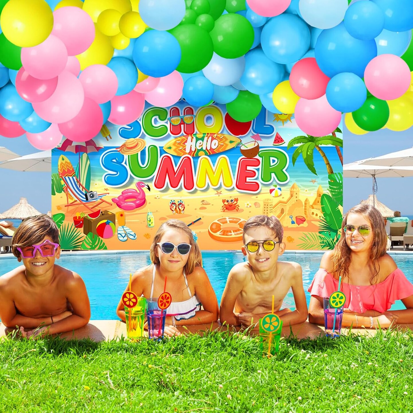 Summer Tropical Balloon Arch Garland Kit, 121Pcs Tropical Hawaiian Beach Pool Party Decorations with Backdrop, Pink Green Blue Yellow Latex Balloons for Hawaiian Luau Aloha Summer Birthday Supplies