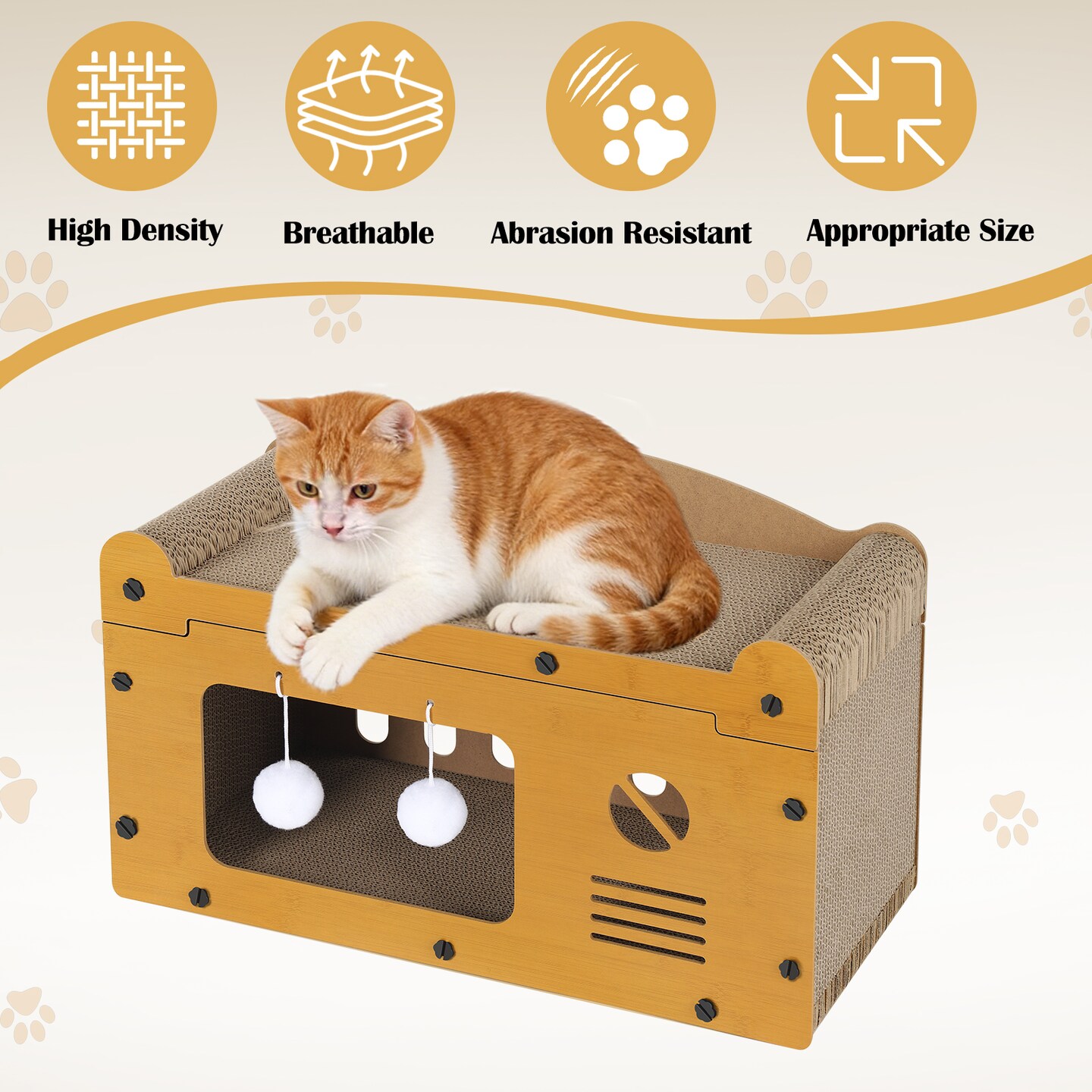 Large Corrugated Cardboard Cat Scratcher Lounge, Multi-Use Cat House with Hanging Toys