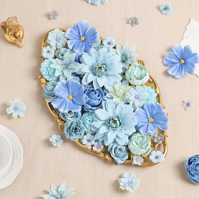 60pc Blue Artificial Flower Heads Bulk Mix - Silk Roses, Daisies, Peonies & Hydrangeas (1"-3.9") for DIY Graduation Caps, Wedding Decor, Cake Toppers & Home Garlands
