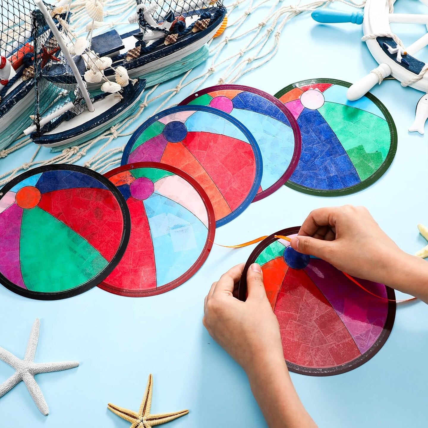 24-Pack DIY Beach Ball Tissue Paper Craft Kits | Colorful Sticker & Acetate Art Set for Office, Summer Theme Party & Holiday Activities