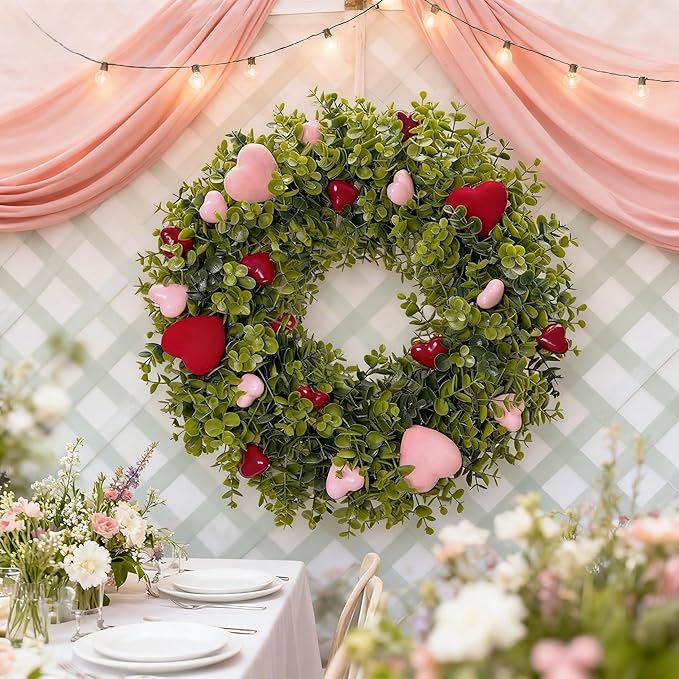 18" Artificial Boxwood Heart Wreath for Front Door - Spring Mother's Day Decor with Flocked Pink & Red Hearts - Romantic Wall Wreath for Valentine’s Day, Weddings, and Anniversaries