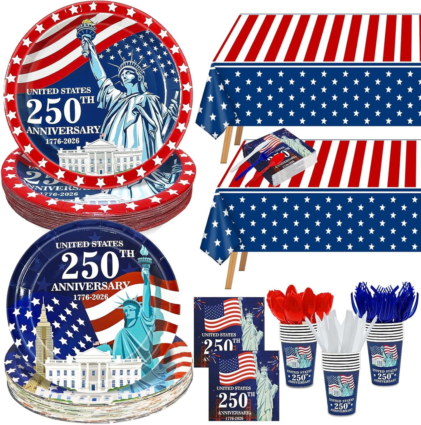 212PCS USA 250th Anniversary Patriotic Party Supplies Set for 30 Guests – American Flag 4th of July Disposable Tableware with Plates, Cups, Napkins, Cutlery & Tablecloths