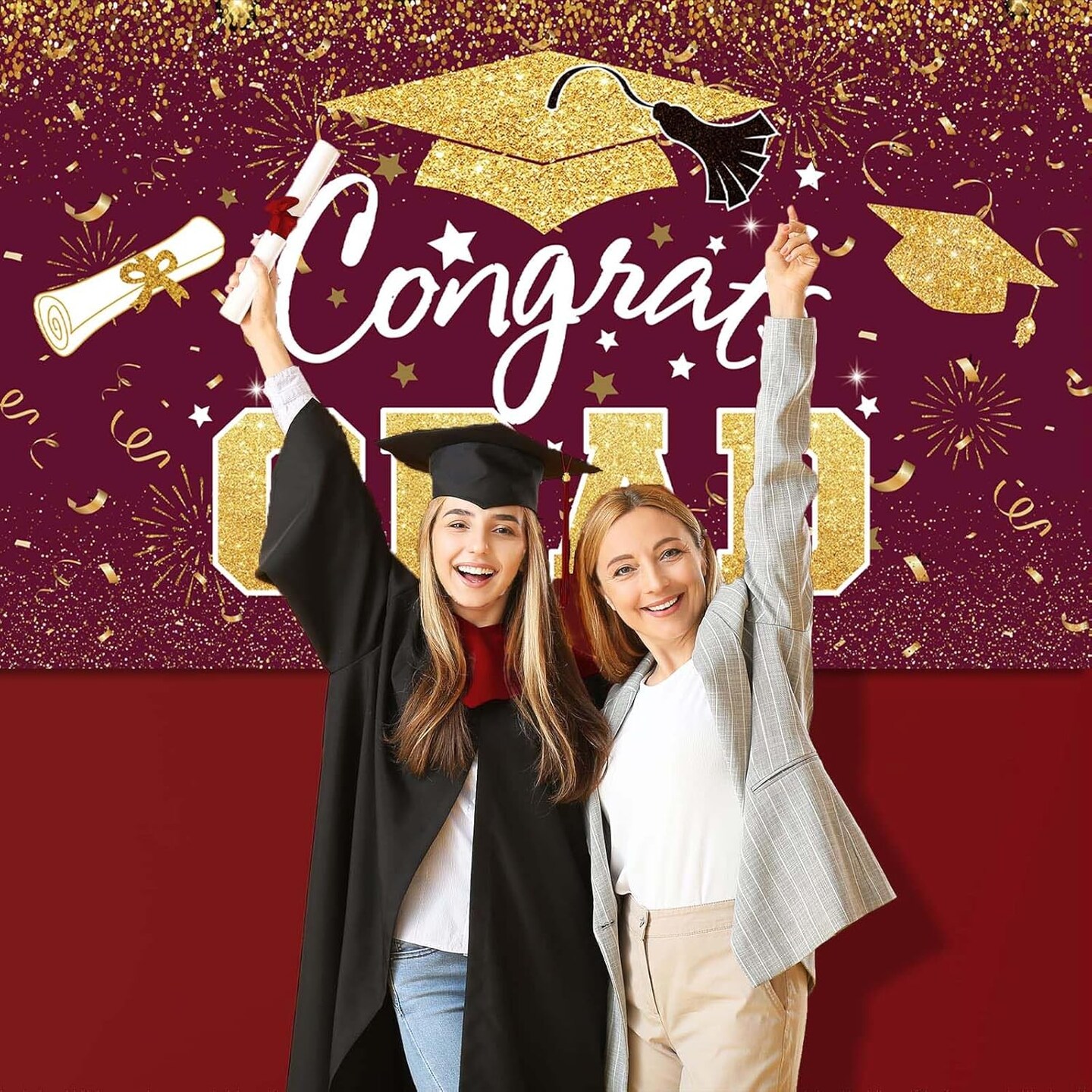 Graduation Party Decoration – Maroon & Gold Congrats Grad Class of 2026 Backdrop Banner, Large Photography Background Wall Sign for Graduation Party Supplies