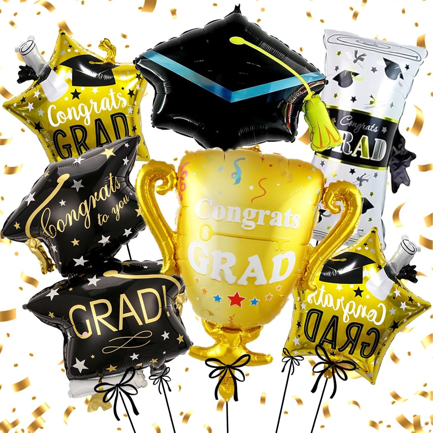 Graduation Party Balloons 2026 – Black & Gold Congrats Grad Mylar Balloon Set (6PCS) for Class of 2026 Decorations
