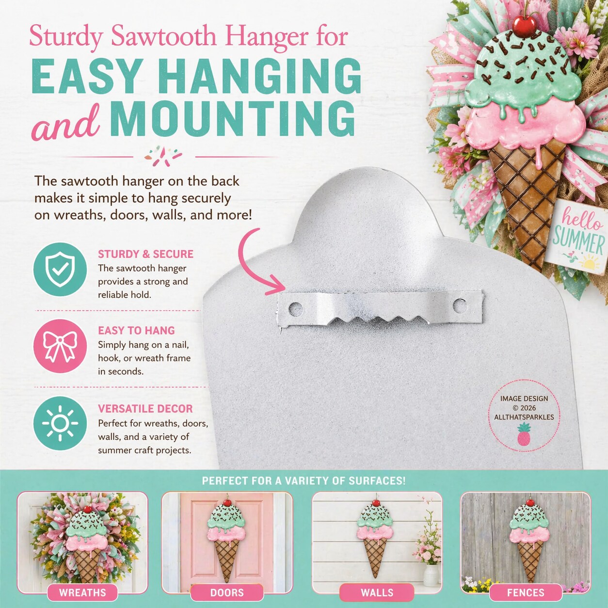 Ice Cream Cone 12" Metal Sign for Wreath Attachments, Crafts, and Party Decorations