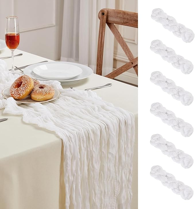 6 Pack White Cheesecloth Table Runner 10FT Long Easter Spring Boho Gauze Table Runner Rustic Sheer Runner for Spring Wedding Bridal Baby Shower Birthday Party Table Decor Easter Decorations