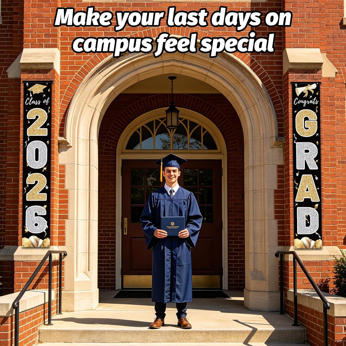 Graduation Party Decoration – Black Class of 2026 Congrats Grad Porch Banner, 72×12 Inch Indoor & Outdoor Graduation Door Sign for Elegant Party Decor