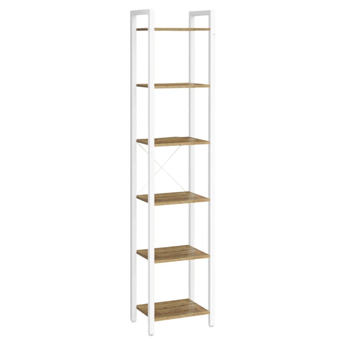 Narrow 6 Tier Bookshelf Tall Bookcase Honey Brown-Cloud White Industrial Style Storage Shelf Steel Frame Space Saving Living Room Bedroom