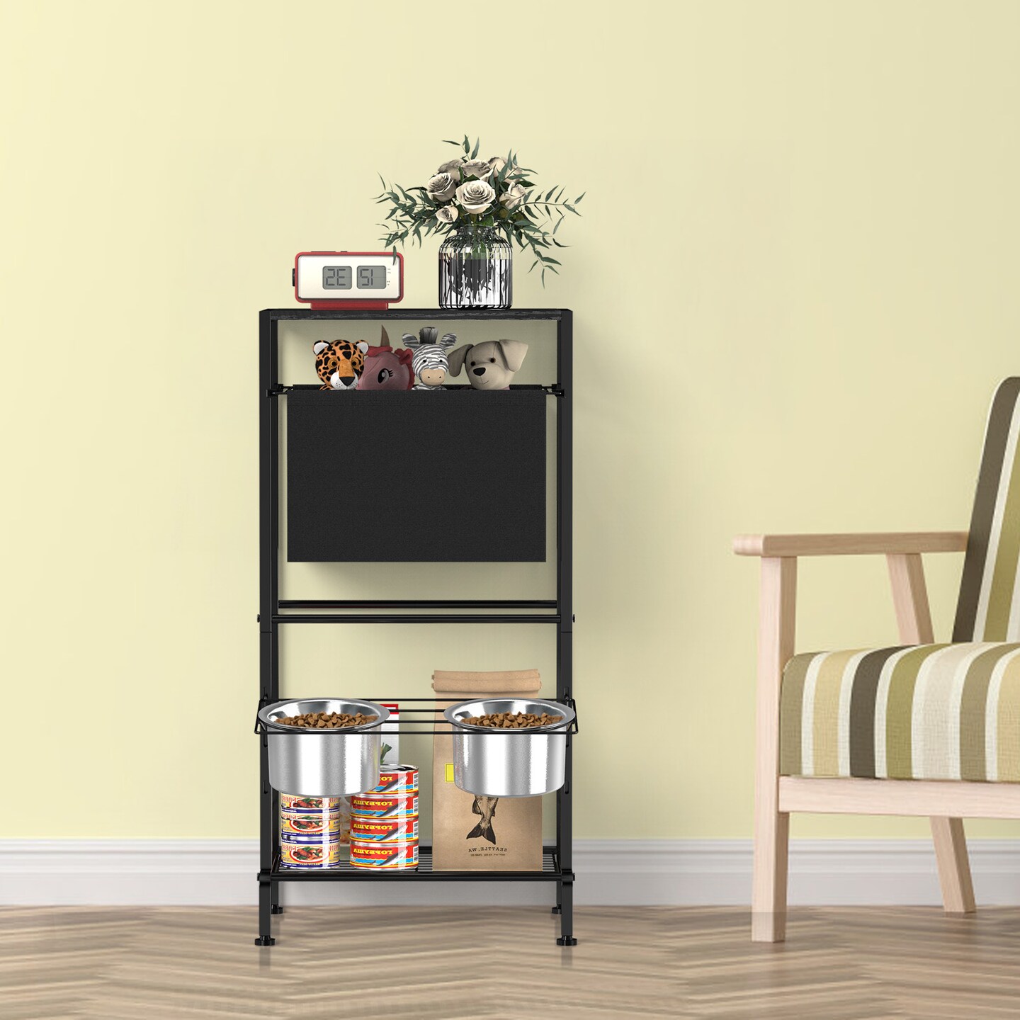 Dog Feeding Station with Storage, Elevated Dog Bowl Stand with 2 Stainless Steel Bowls & Toy Bin
