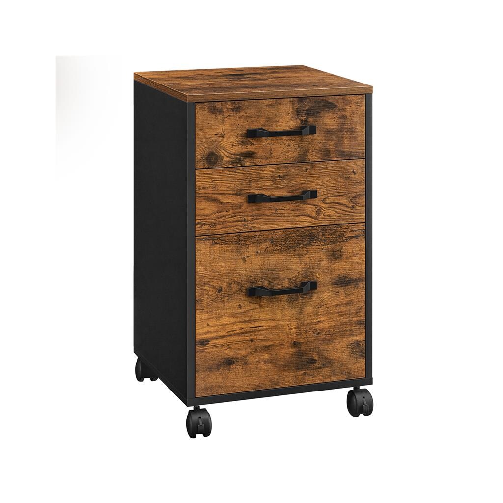 Mobile File Cabinet 3 Drawer Rolling Office Storage Unit with Locking Wheels A4 Letter Size Rustic Brown Ink Black