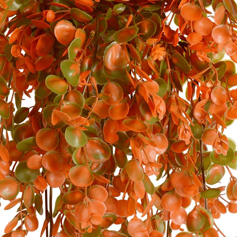 2 Pcs Artificial Hanging Fall Plants – Faux Eucalyptus Leaf Greenery Vines, UV-Resistant Outdoor Fake Plants for Home, Patio, Porch, Wall, Fall Décor (Orange)