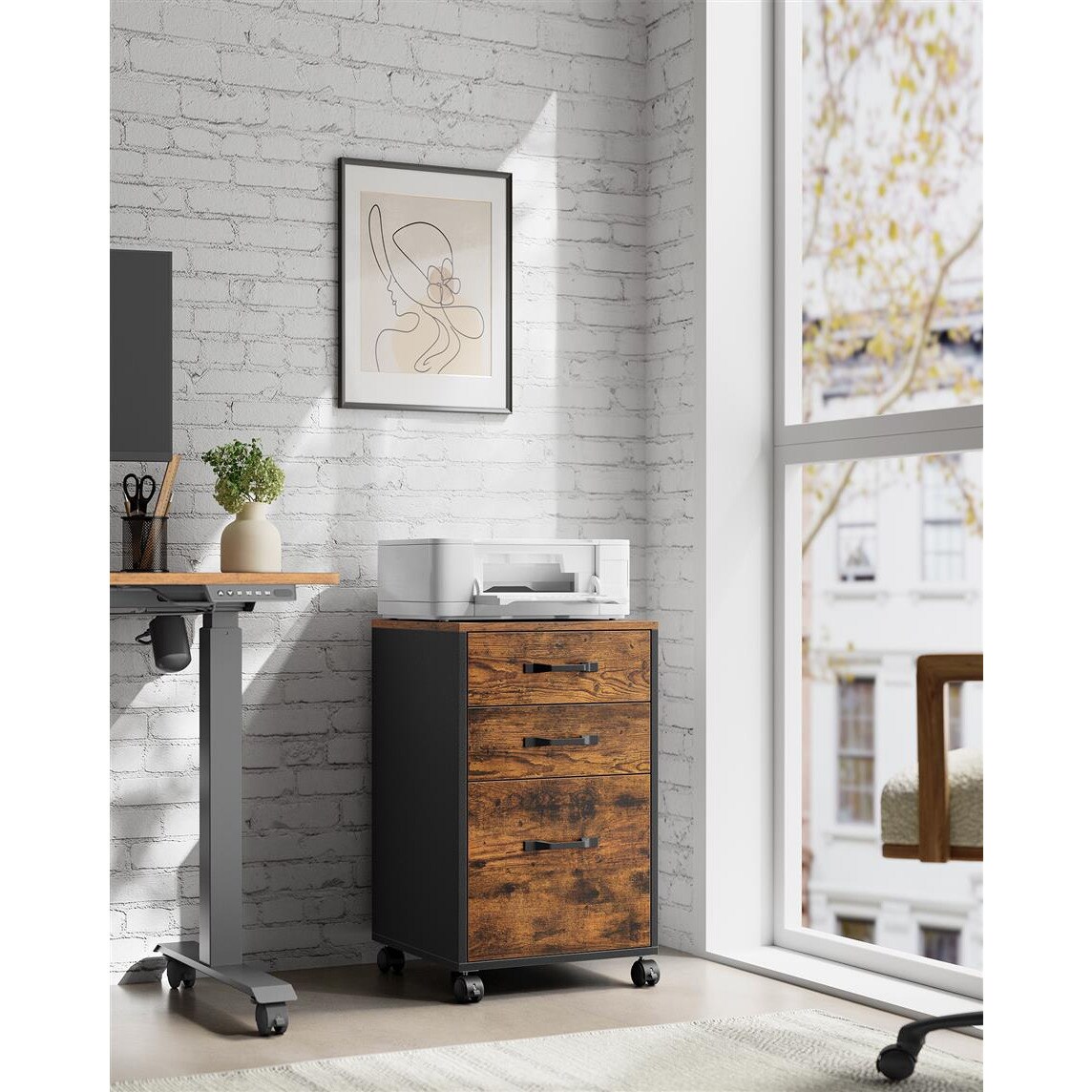 Mobile File Cabinet 3 Drawer Rolling Office Storage Unit with Locking Wheels A4 Letter Size Rustic Brown Ink Black