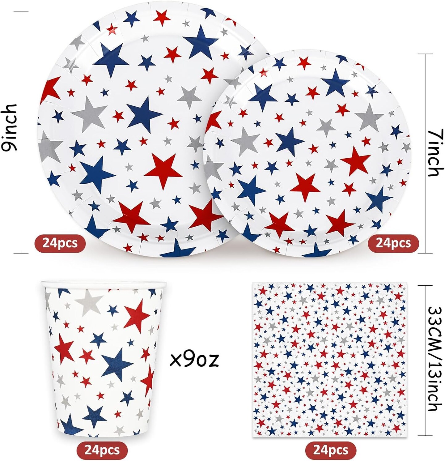 96PCS Patriotic Stars Tableware Set for 24 Guests – Red, Blue & Silver Disposable Dinnerware with Plates, Napkins & Cups for 4th of July, Memorial Day & Independence Day Celebrations