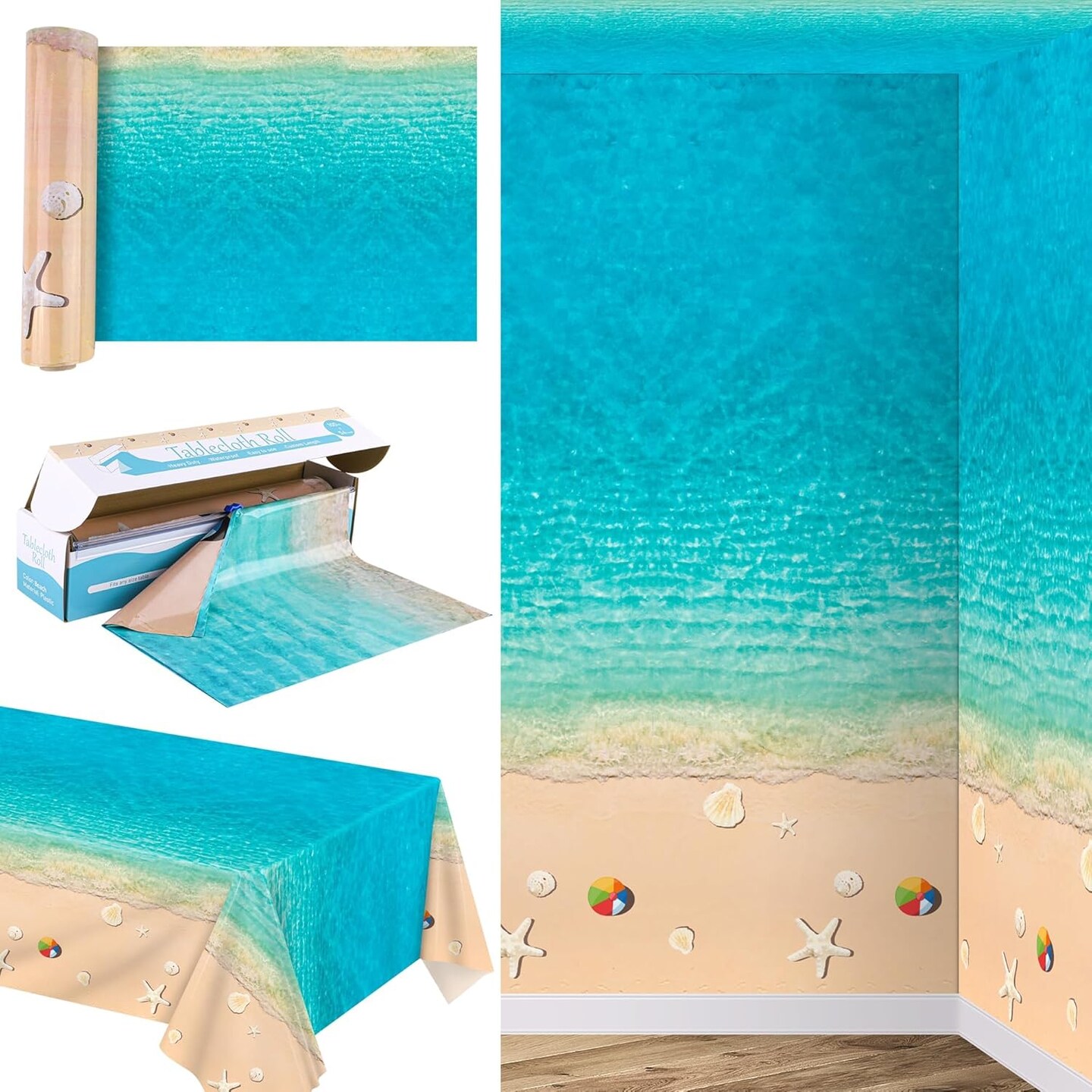 100 Ft x 54 Inch Summer Beach Tablecloth Roll with Cutter Box | Disposable Beach Ball Themed Tablecover for Pool Party, Ocean Backdrop & Summer Birthday Supplies