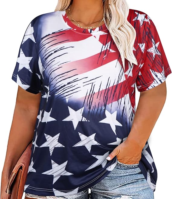 Plus Size American Flag Shirt Women 4th of July Tee Shirt USA Stars Stripes T-Shirt Patriotic Summer Tunic Tops