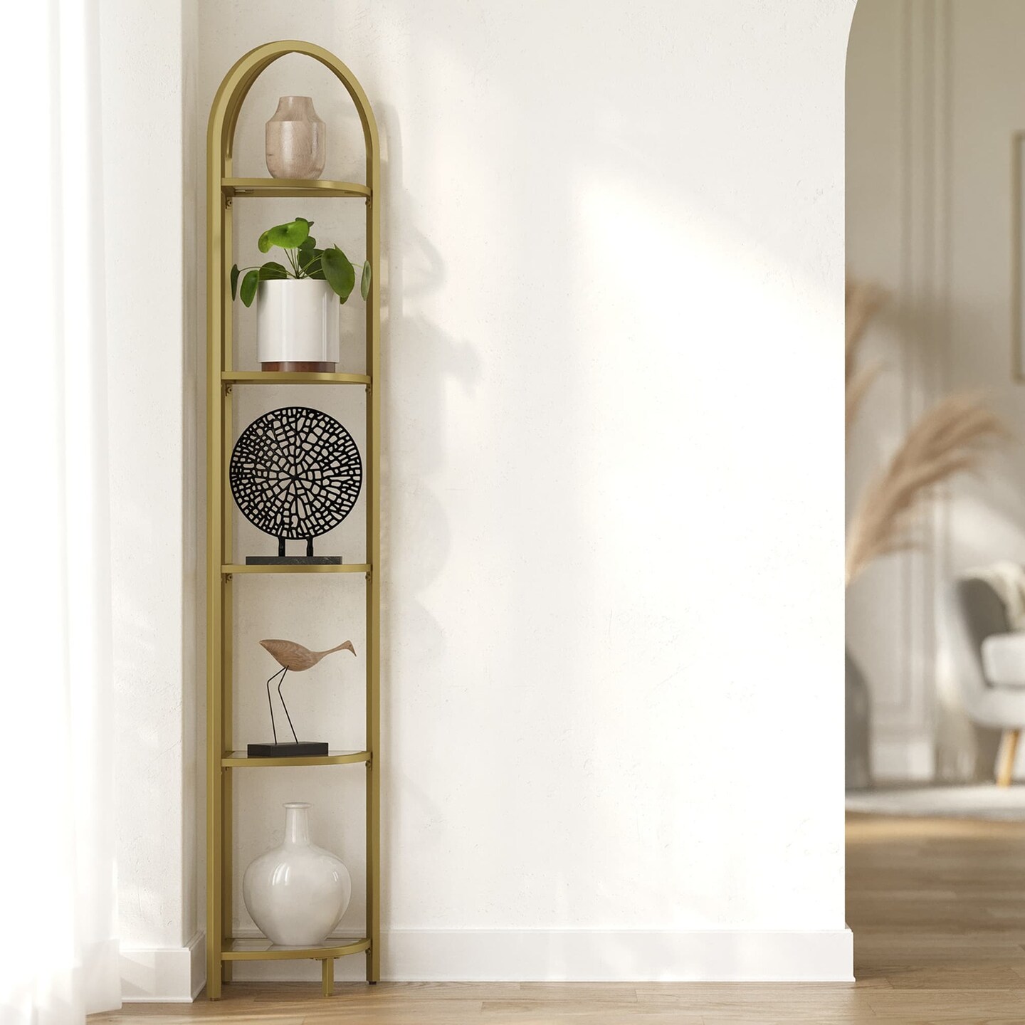 5 Tier Corner Shelf Gold Metal Glass Storage Rack Space Saving Bathroom Living Room Display Stand