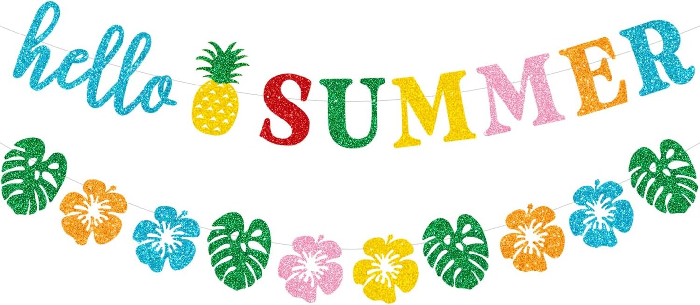 Glittery Hello Summer Banner | Hawaiian Luau Tropical Bunting Garland for Summer Holiday, Birthday & Luau Party Decorations – Indoor/Outdoor Wall Decor