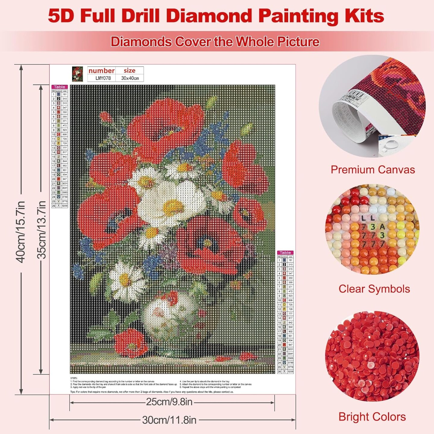 Red Poppy Flower Vase Diamond Art Kits for Adults - 12x16 Inch 5D Full Drill Diamond Painting - Floral Still Life Gem Art for Beginners - DIY Rhinestone Paint by Numbers for Home Wall Decor & Gifts