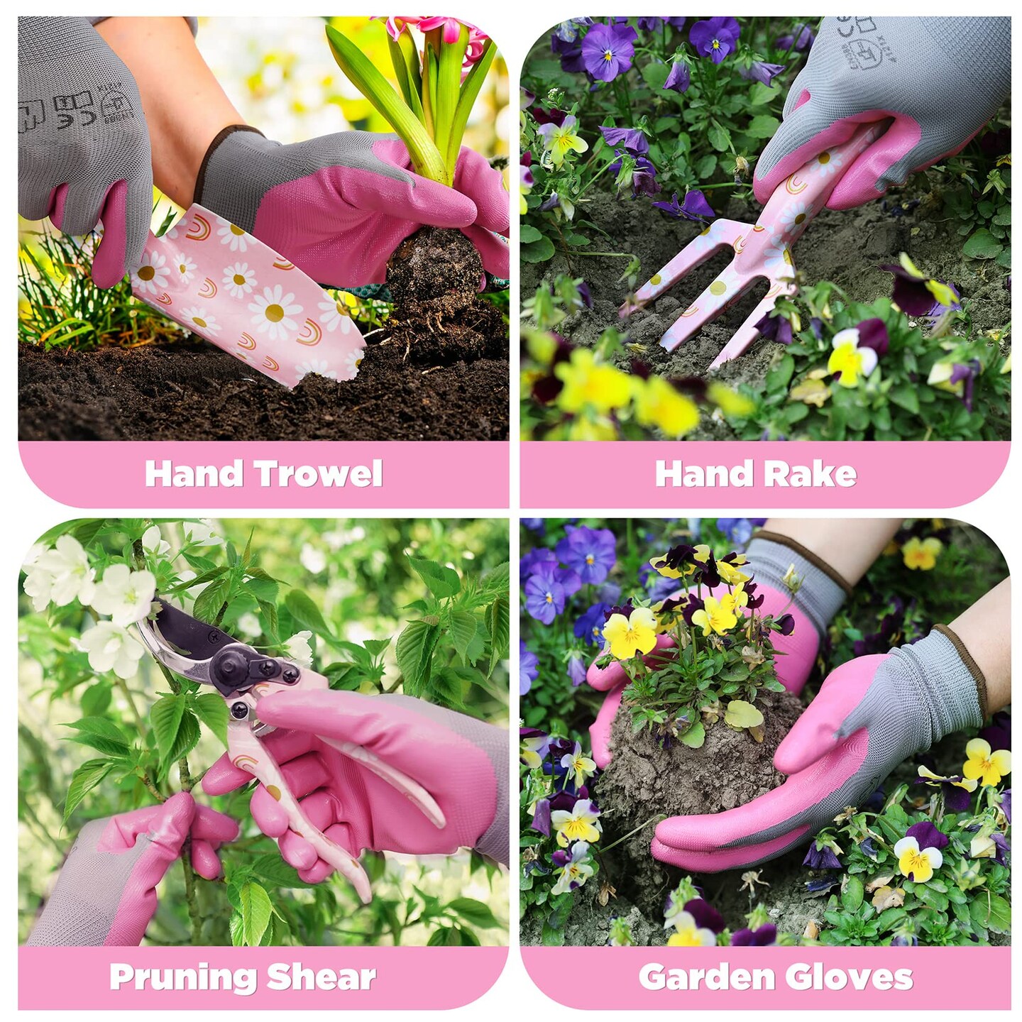 5PCS Gardening Tools, Aluminum Heavy Duty Garden Tool Set with Bag, Ideal Gardening Gifts for Women-Pink Ribbon