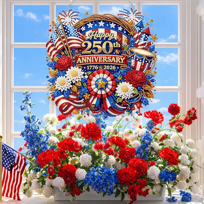Acrylic Diamond Art Hanging Kit for Adults 4th of July Wreath, DIY Diamonds Painting Door Hanger Board Kit, Special Crystal Diamond Art Painting Pendant Ornament (Happy 250th Anniversary)