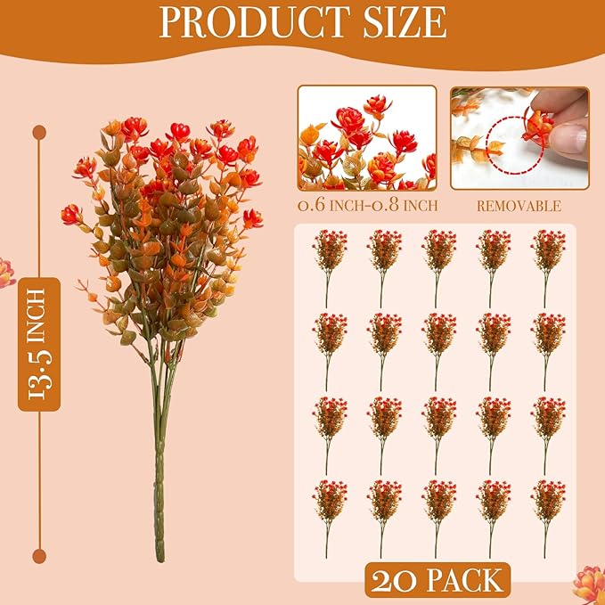 20 Bundles Artificial Fall Flowers for Outdoors Fall Thanksgiving Decorations-UV Resistant Fake Mums Faux Plant Plastic Flowers Gardens Porch Fireplace Home Autumn Decor(Brown Eucalyptus Flower)