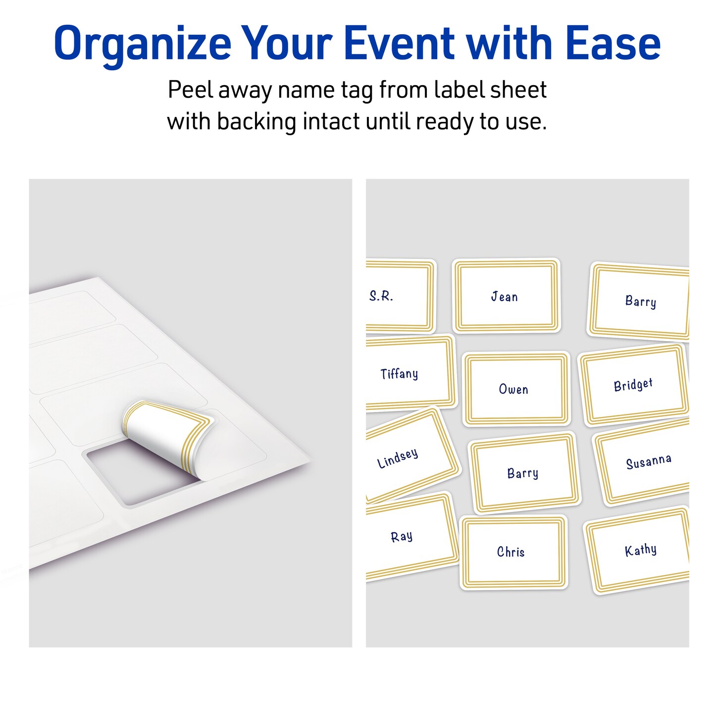 Avery Printable Adhesive Name Tags, 2-1/3" x 3-3/8", Matte White, Pre-printed Multi-Lined Gold Border Design, Laser & Inkjet Compatible, 160 Total, Great Name Badges for Weddings & Events