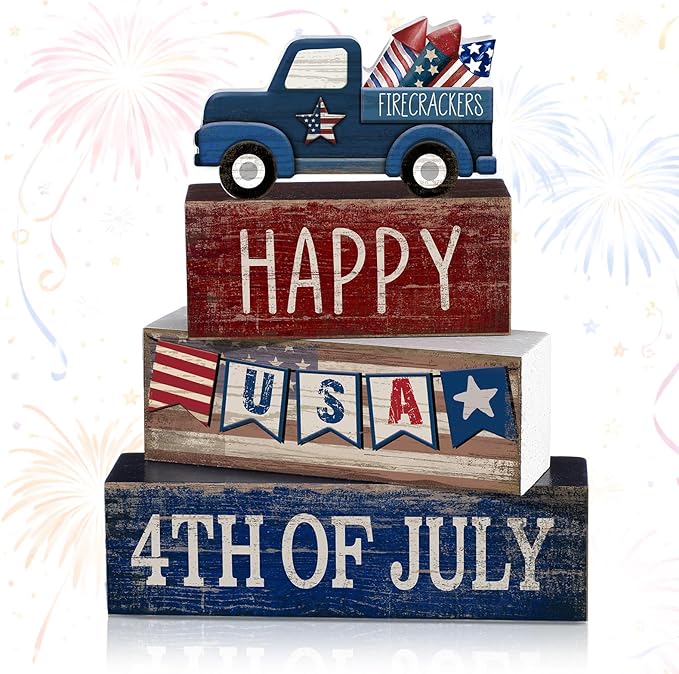 4 Pcs 4th of July Decorations Patriotic Memorial Day Tabletop Decorations Red White Blue Table Centerpieces Sign for Office Tiered Tray Home Shelf 250th Anniversary(Happy Usa)