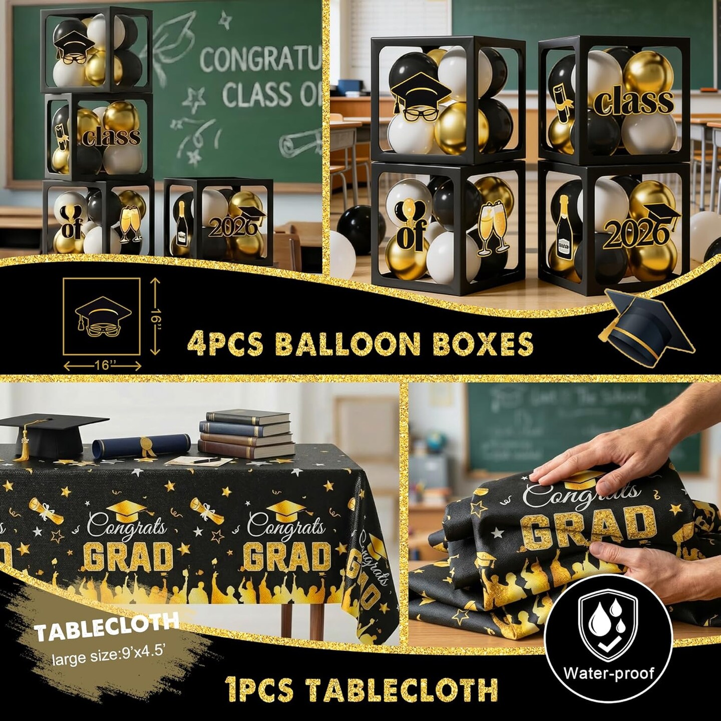 Graduation Party Decoration – Black, Gold & White Class of 2026 Complete Graduation Decor Kit with Balloon Garland, Backdrop, Banner, Tablecloth, Boxes & Photo Party Supplies