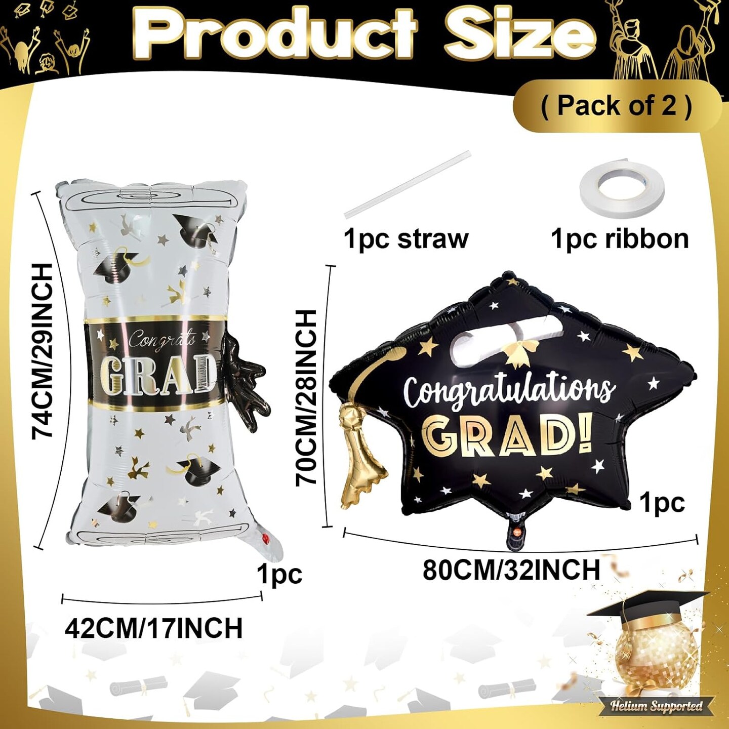 Graduation Party Balloons – Class of 2026 2-Piece Congrats Grad Foil Balloon Set with Cap & Diploma Designs for Graduation Ceremony Decorations