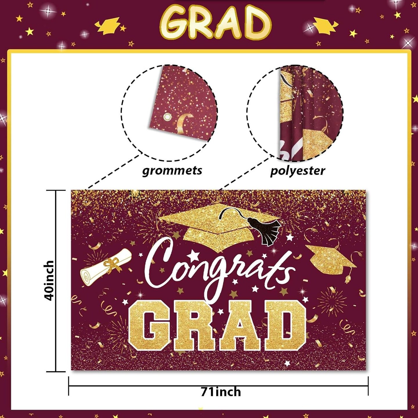 Graduation Party Decoration – Maroon & Gold Congrats Grad Class of 2026 Backdrop Banner, Large Photography Background Wall Sign for Graduation Party Supplies