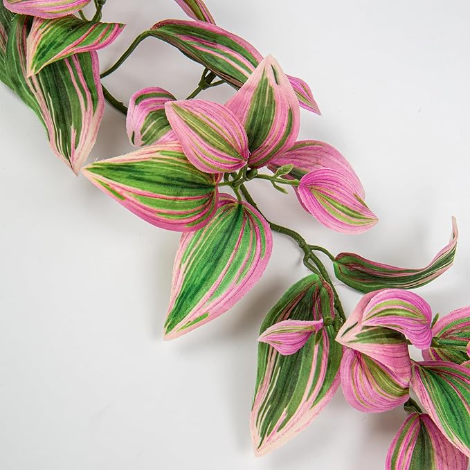 2pc 5.6FT Artificial Pink Tradescantia Zebrina Garland - Realistic Faux Wandering Jew Hanging Vines - UV Resistant Silk Greenery for Boho Wedding, Jungle Room Decor, Mantle & Staircase