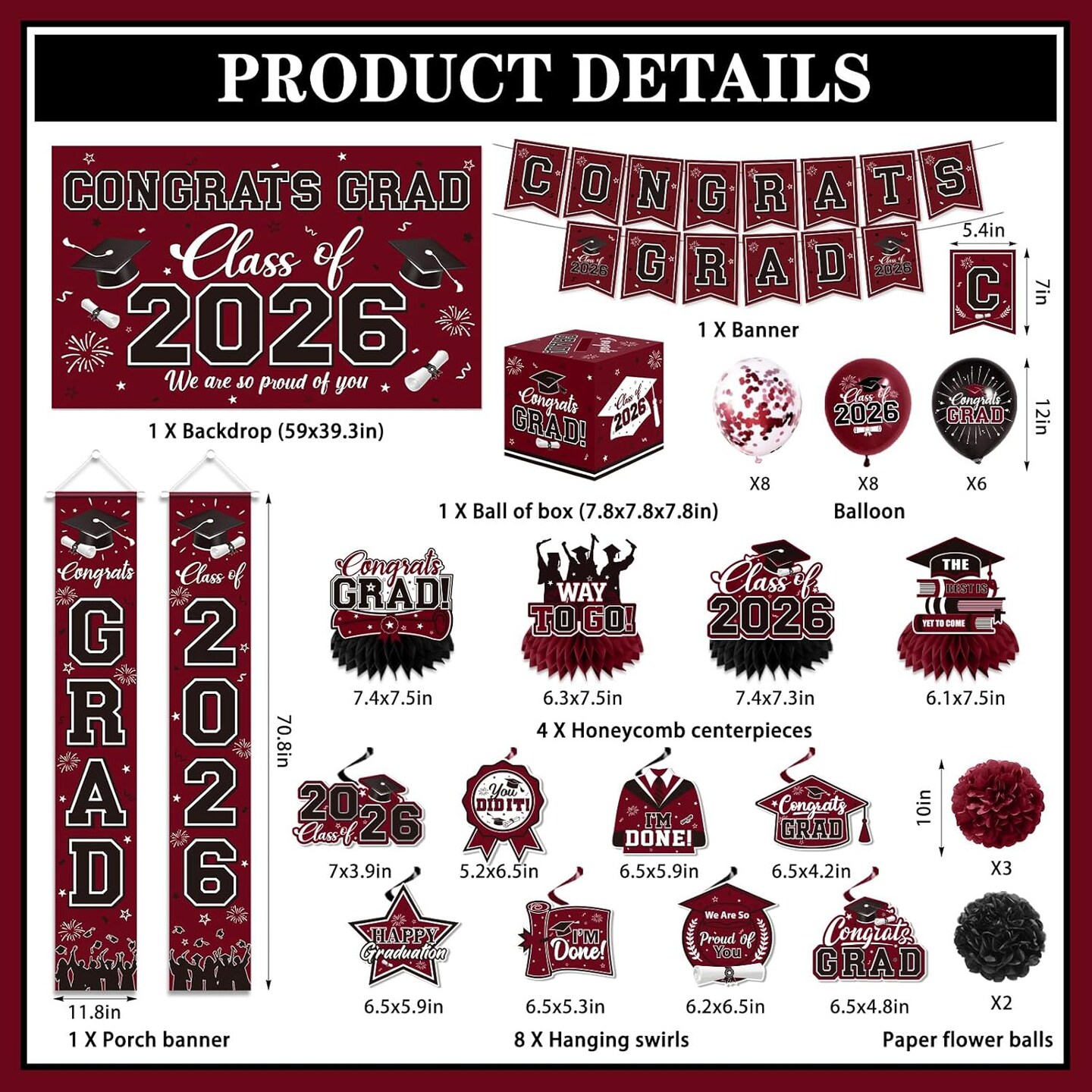 Graduation Party Decorations – Class of 2026 Maroon Complete Decor Set with Banner, Backdrop, Balloons, Streamers & Party Supplies for Graduation Celebrations