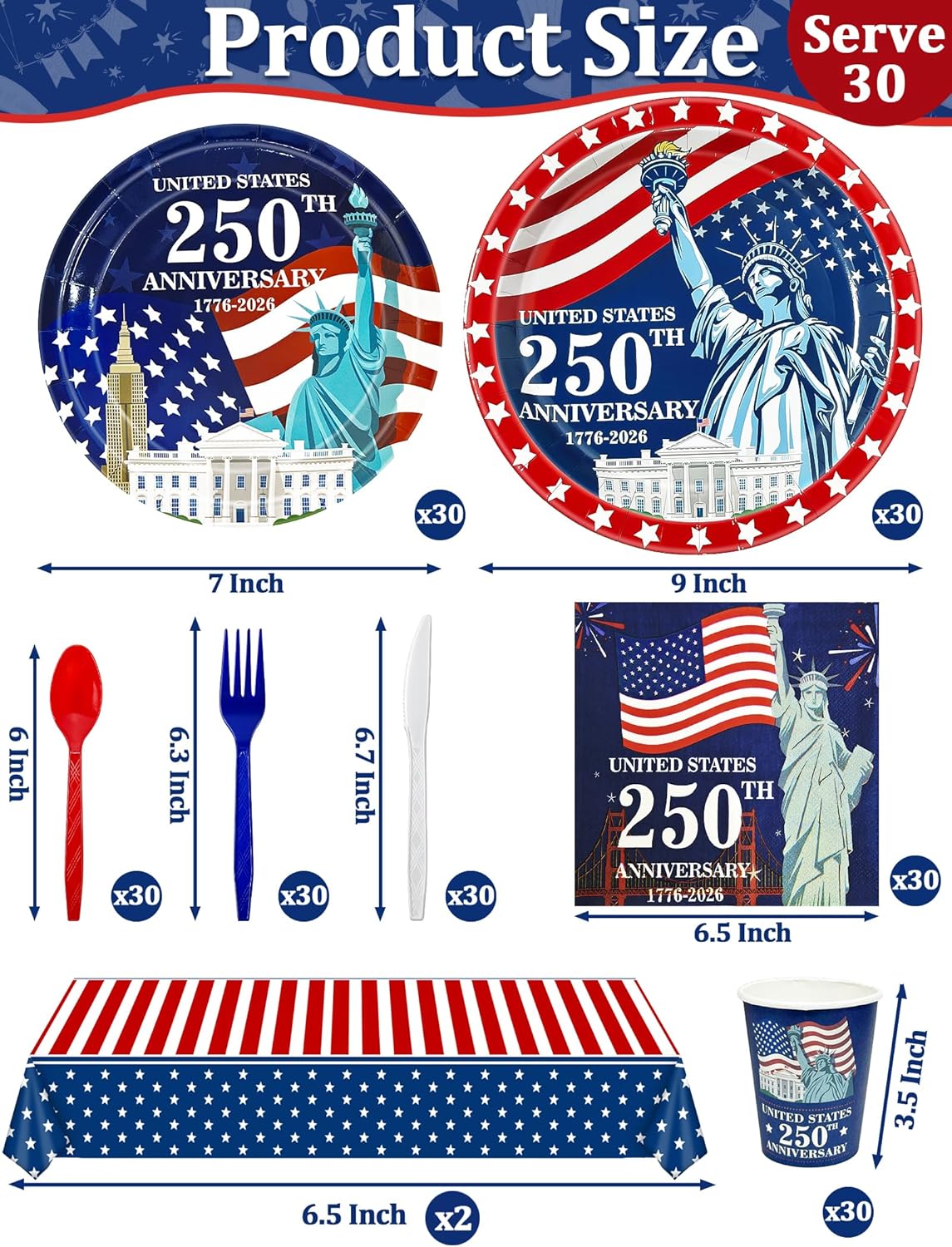 212PCS USA 250th Anniversary Patriotic Party Supplies Set for 30 Guests – American Flag 4th of July Disposable Tableware with Plates, Cups, Napkins, Cutlery & Tablecloths
