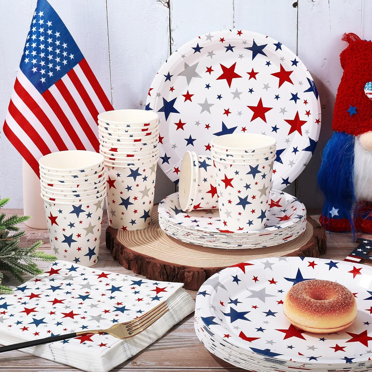 96PCS Patriotic Stars Tableware Set for 24 Guests – Red, Blue & Silver Disposable Dinnerware with Plates, Napkins & Cups for 4th of July, Memorial Day & Independence Day Celebrations