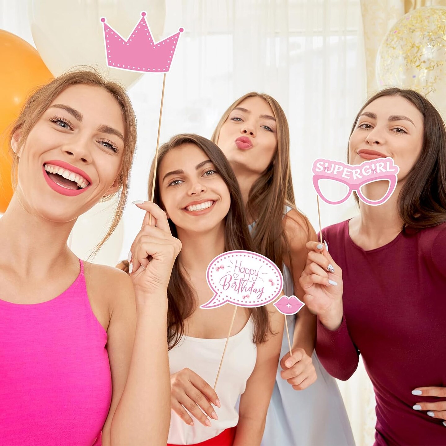 25PCS Pink Bow Photo Booth Props Kit – Coquette Birthday Party Decorations with Selfie Signs & Sticks for Women’s Birthday Celebration