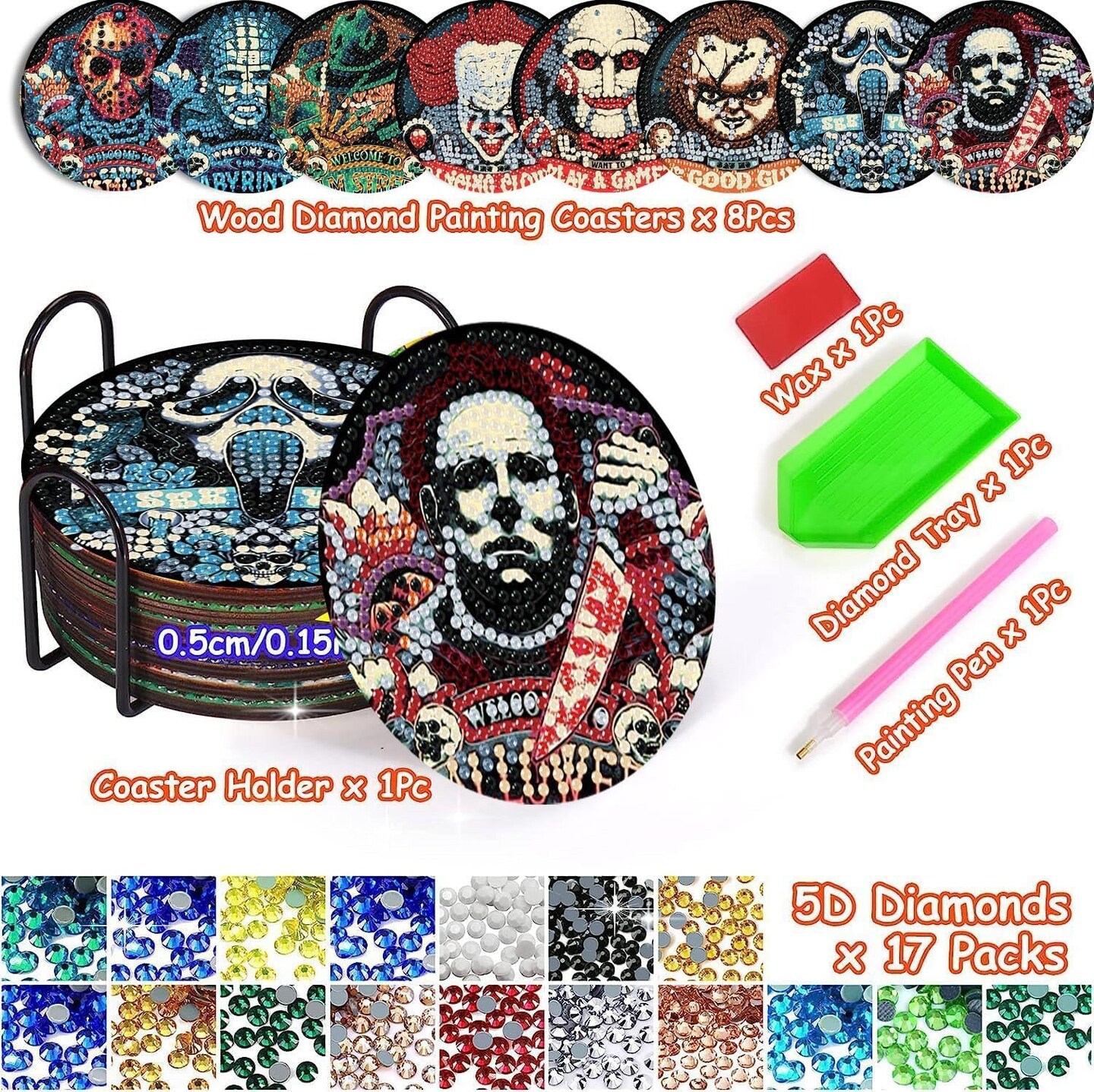 8-Pc Halloween Diamond Art Coasters Kit for Adults – Round Full Drill DIY Diamond Painting Coasters with Holder for Home Decor and Gifts