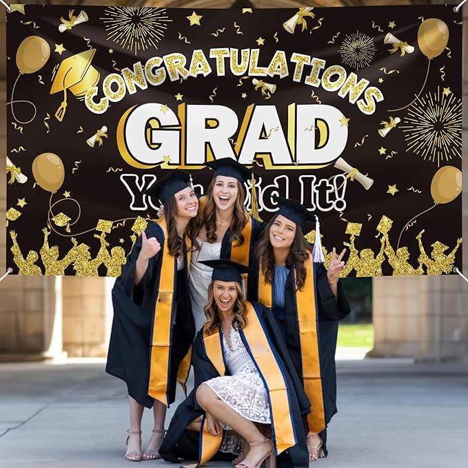 Class of 2026 Extra Large Graduation Backdrop - 72" x 44" Black & Gold Congrats Grad Banner - Premium Fabric Graduation Decorations - Outdoor Photo Background & Party Sign