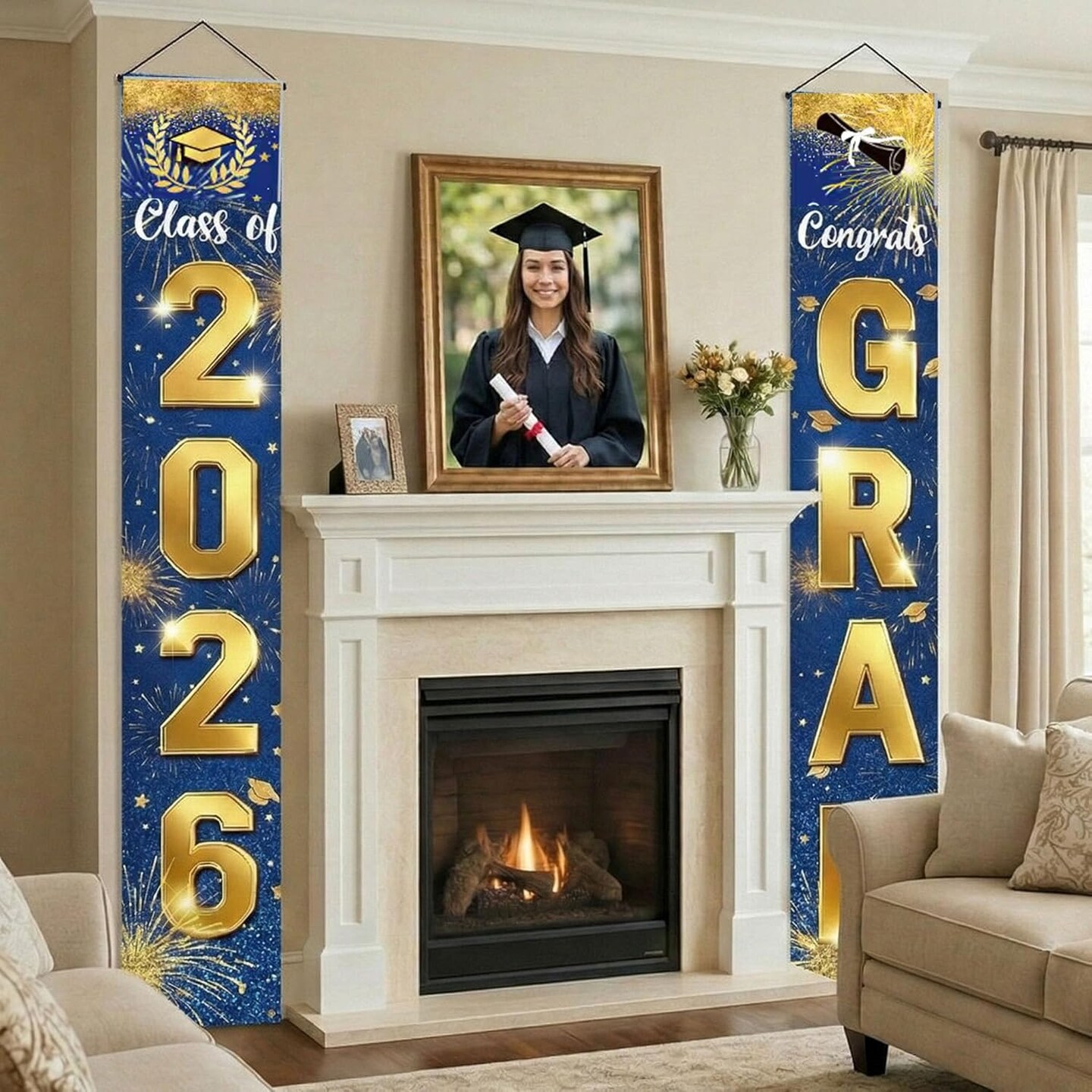 Graduation Party Decoration – Blue Class of 2026 Congrats Grad Door Porch Banner Set, Waterproof Outdoor Graduation Decor for Wall, Porch & Yard Display