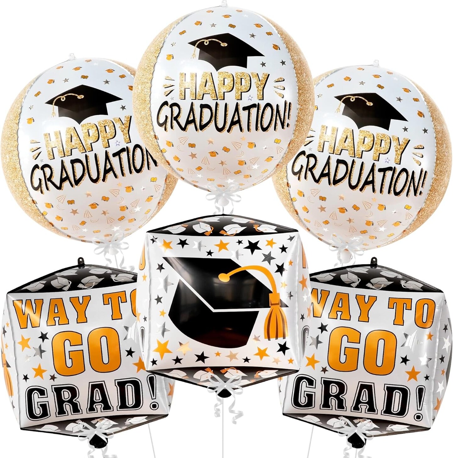 Graduation Party Balloons – Pack of 6 Black & Gold Mylar Foil Balloon Set with Graduation Cap Balloon for Class of 2026 Graduation Decorations & Party Supplies