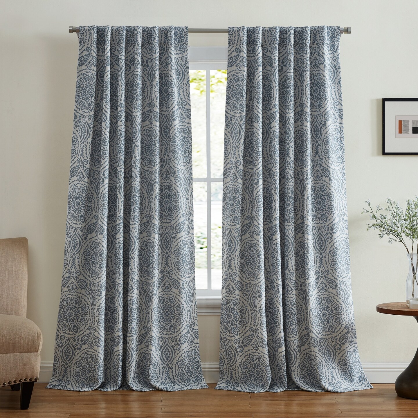 Threadmade Home Giovanni Medallion Blackout Window Curtain Panel, Blue - 52"W x 95"L