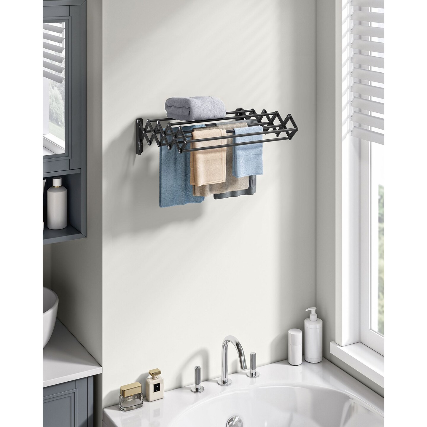Foldable Wall Mounted Drying Rack Steel Accordion Clothes Air Dry Rack with Extendable Design for Towels Clothes Bathroom and Laundry Room