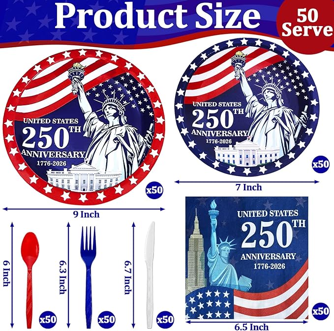 300 Pcs 250th Anniversary 4th of July Decorations American Flag Patriotic Party Supplies Set - Serve 50, 4th of July Disposable Paper Plates Napkins Cutlery Knives Forks Spoons Red White Blue Decor