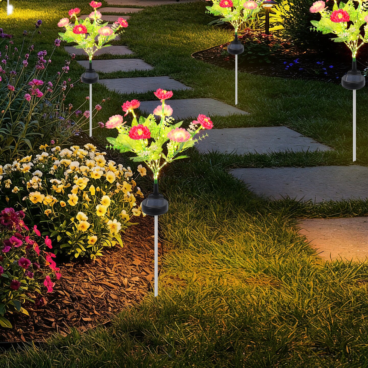 6-Pack Solar Peony Flower Stake Lights, Pink & Red LED Pathway Lights for Garden Decor