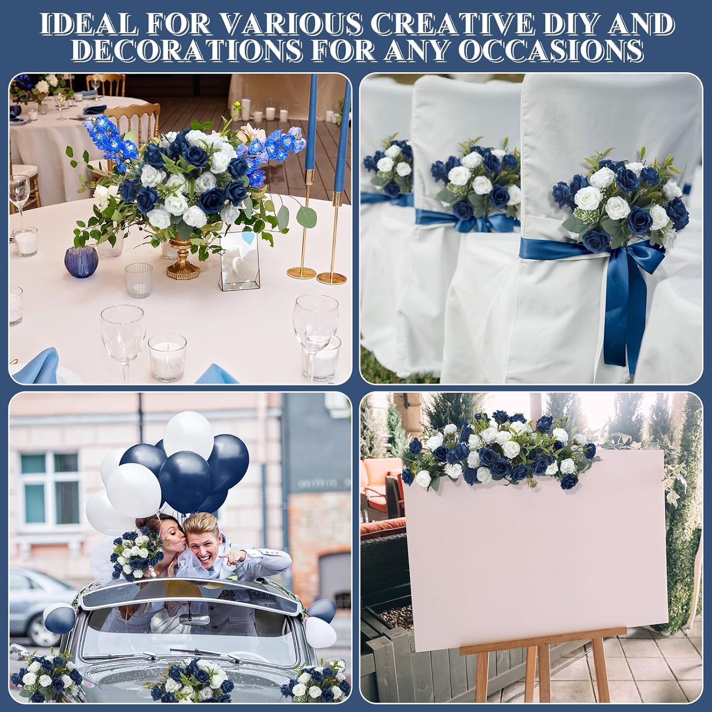8 Pack 12 Inch Mini Navy Blue and White Artificial Roses Bouquet 80 Heads Fake Silk Roses with Long Stem Rose Flowers Bunches for Baby Shower Party Tables Decorations Cemetery Flowers